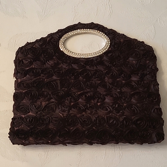 NEW Brown Organza Clutch, Rosettes, Rhinestone Clasp & Silver-tone Strap - Picture 7 of 12